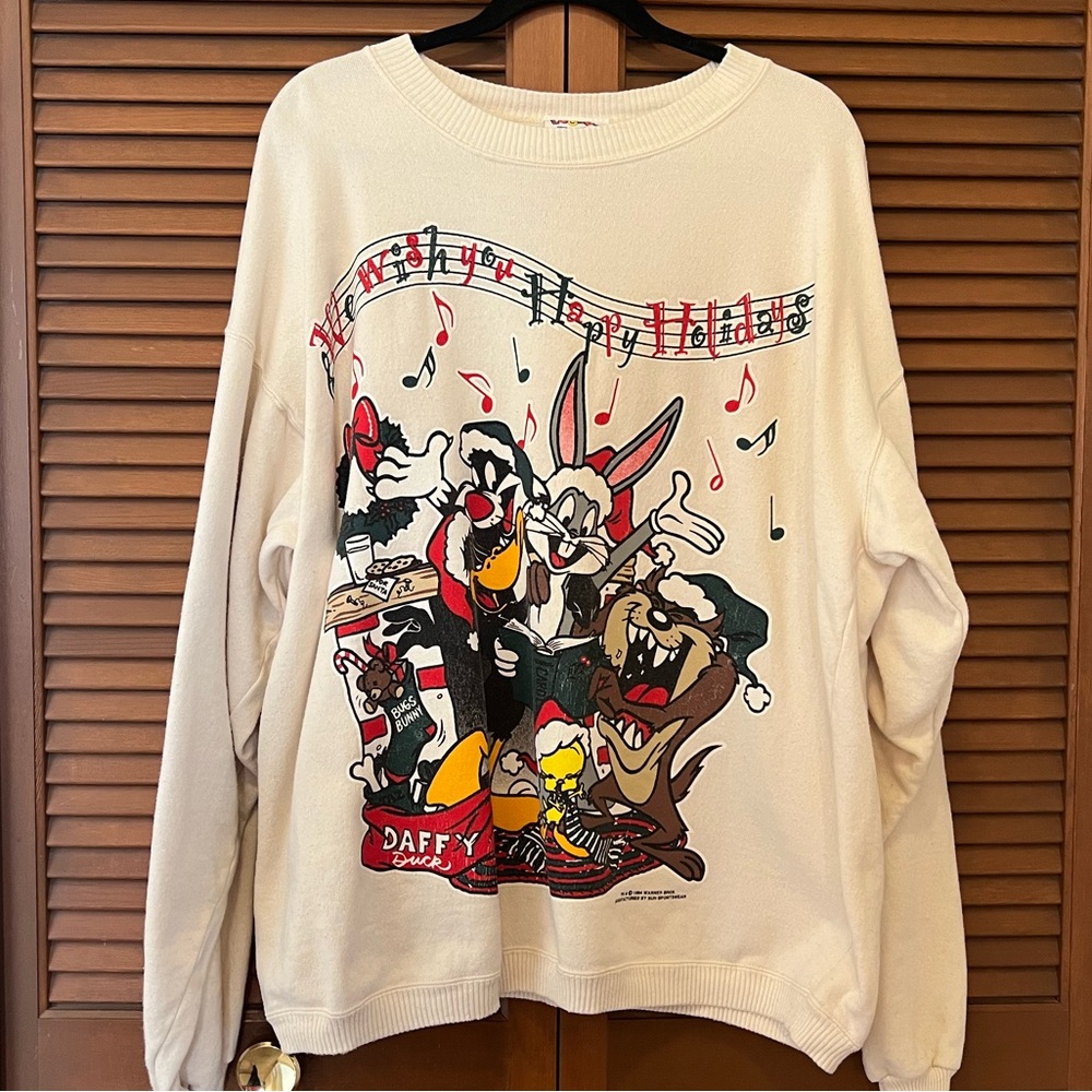Vintage Looney Toons Warner Bros. Cream Christmas Sweatshirt 2X plus size daffy